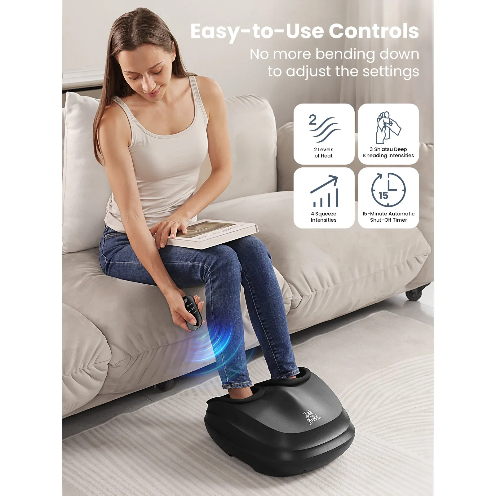 Bob and Brad Lite Foot Massager Machine with Heat and Remote, Shiatsu Deep Kneading, Delivers Relief for Tired Muscles and Plantar Fasciitis, Gifts for Men and Women, Fits Feet Up to Size 12
