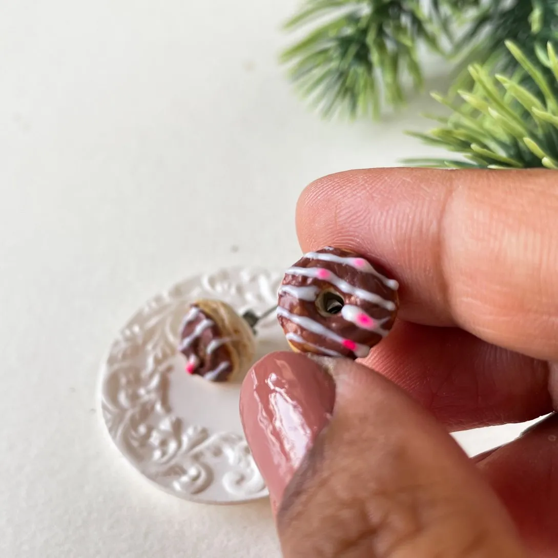 Chocolate Miniature Donut Food Ear Studs