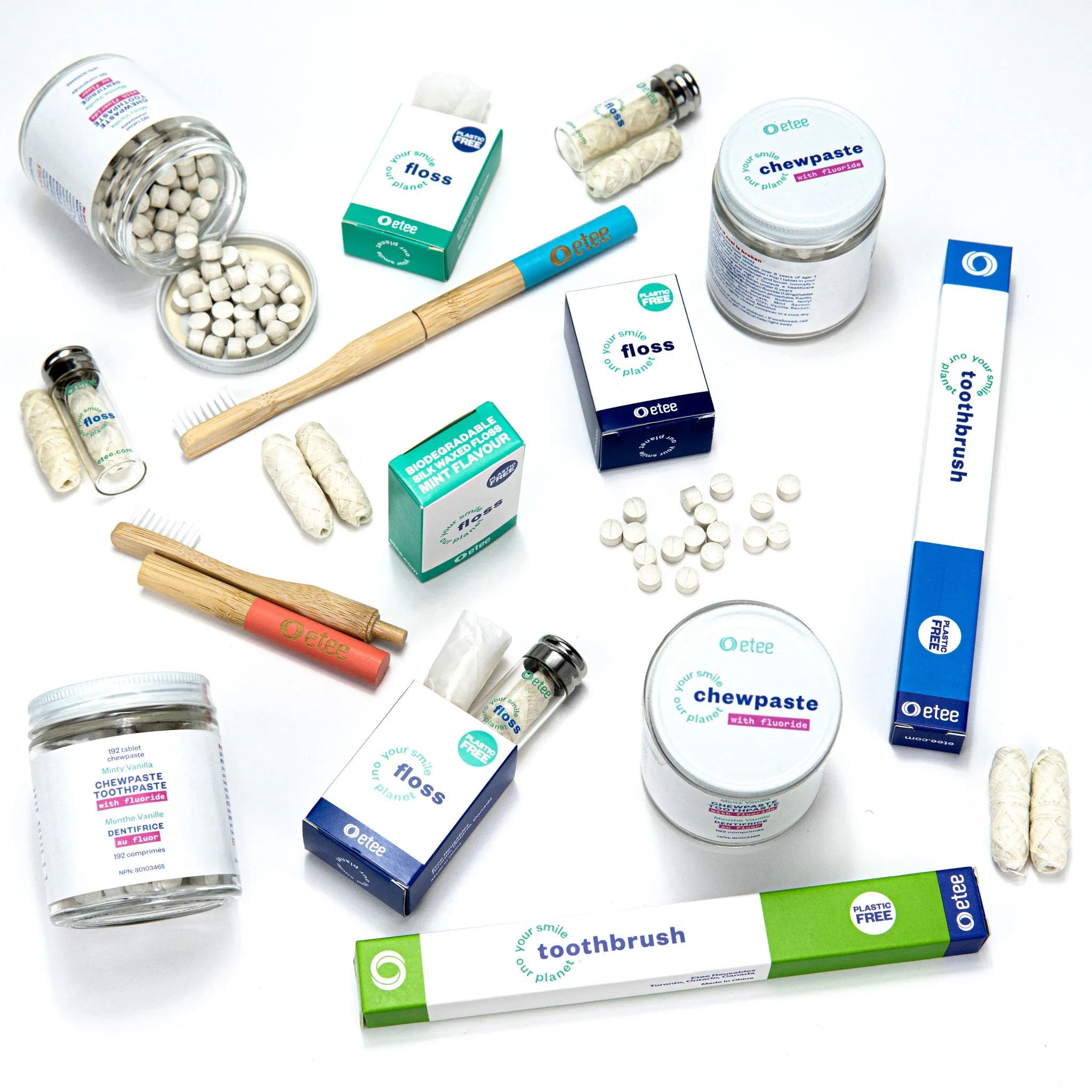 Dental Care Kit Fluoride - Green Bamboo Toothbrush, Floss in glass dispenser, Floss refill, Fluoride Chewpaste