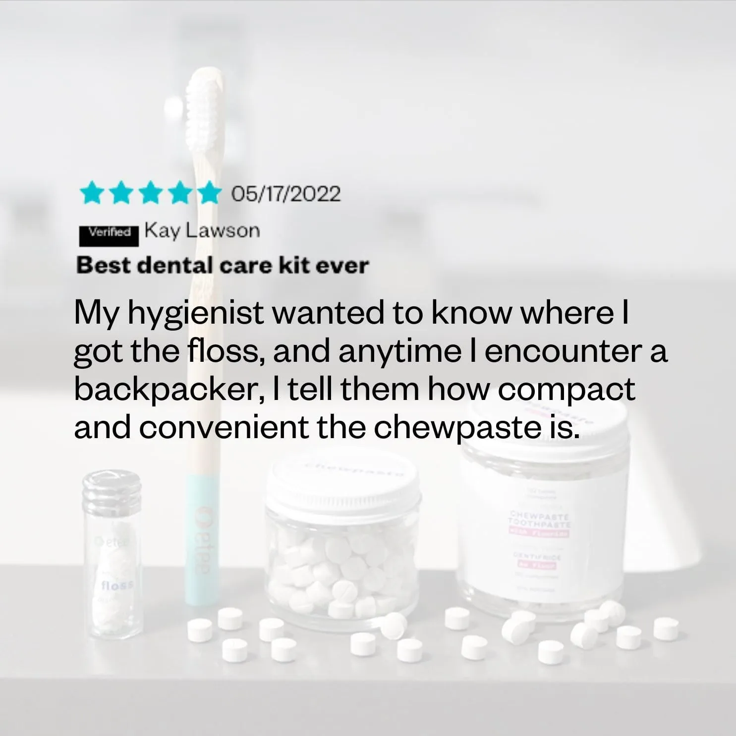 Dental Care Kit Fluoride - Green Bamboo Toothbrush, Floss in glass dispenser, Floss refill, Fluoride Chewpaste