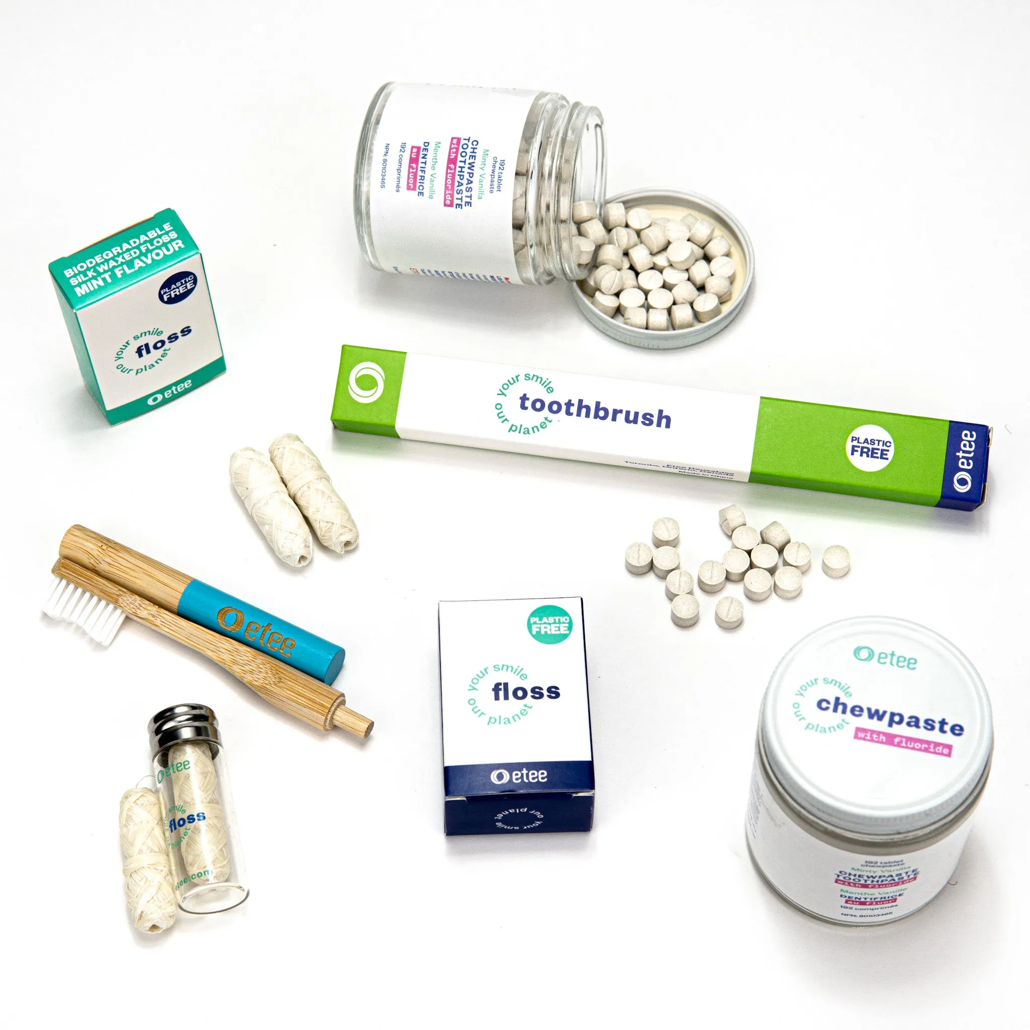 Dental Care Kit Fluoride - Green Bamboo Toothbrush, Floss in glass dispenser, Floss refill, Fluoride Chewpaste