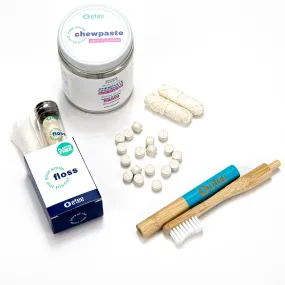 Dental Care Kit Fluoride - Green Bamboo Toothbrush, Floss in glass dispenser, Floss refill, Fluoride Chewpaste