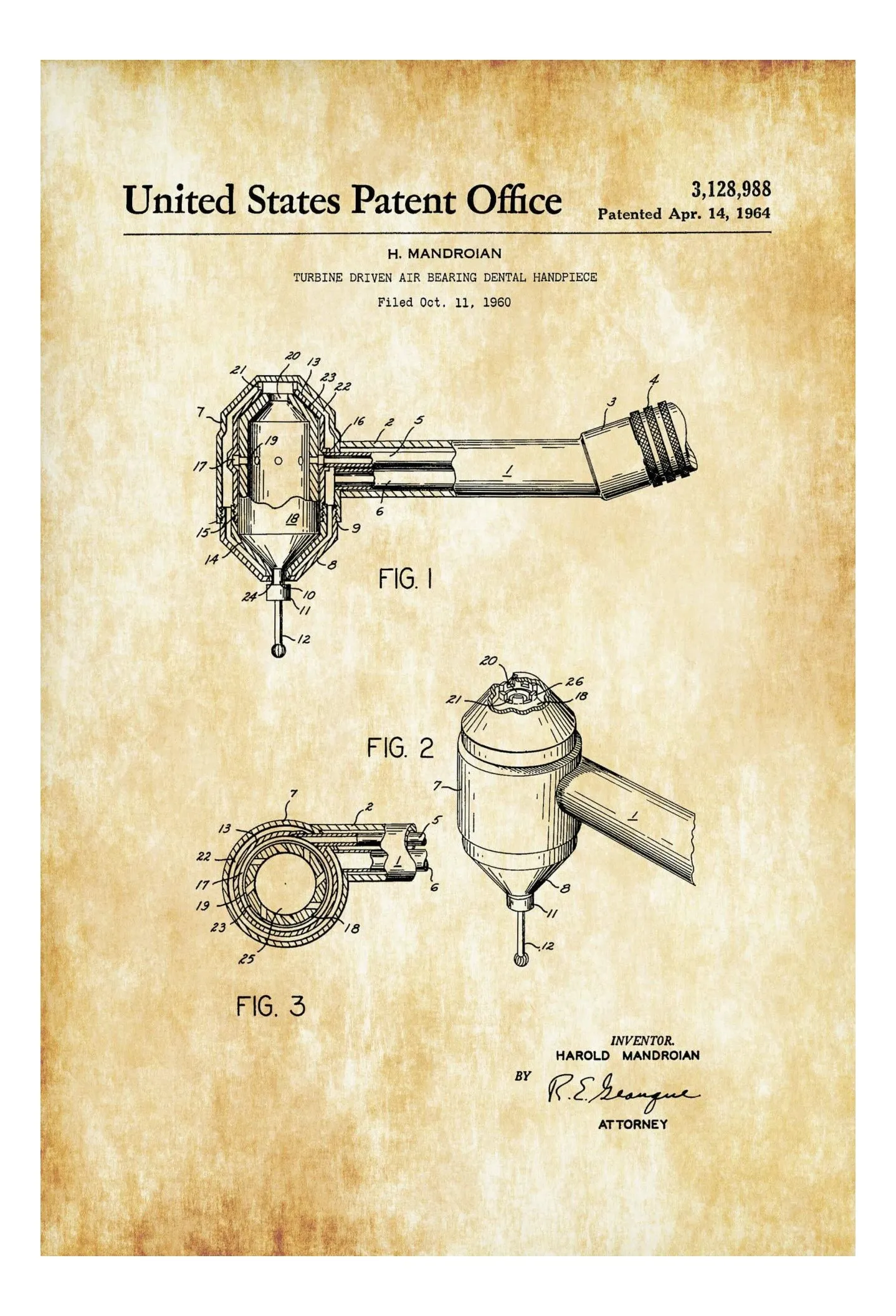 Dental Drill Patent Print - Dental Office Decor, Medical Art, Dental Art, Dentist Decor, Dental Tools, Dental Patent, Dental Drill Handpiece