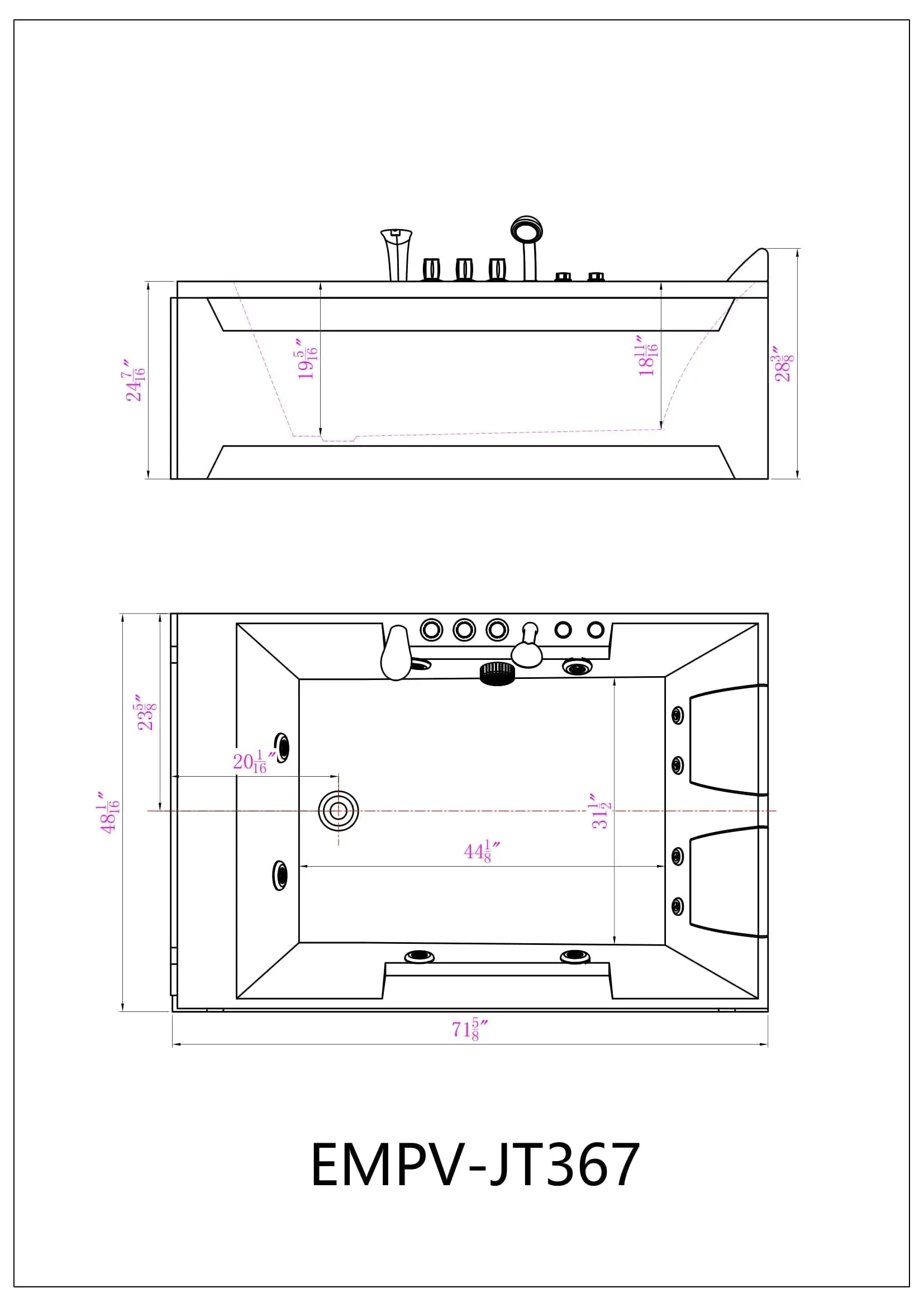 Empava Bathtub 72" Alcove Whirlpool 2-Person with LED Lights and Left Drain Rectangular New