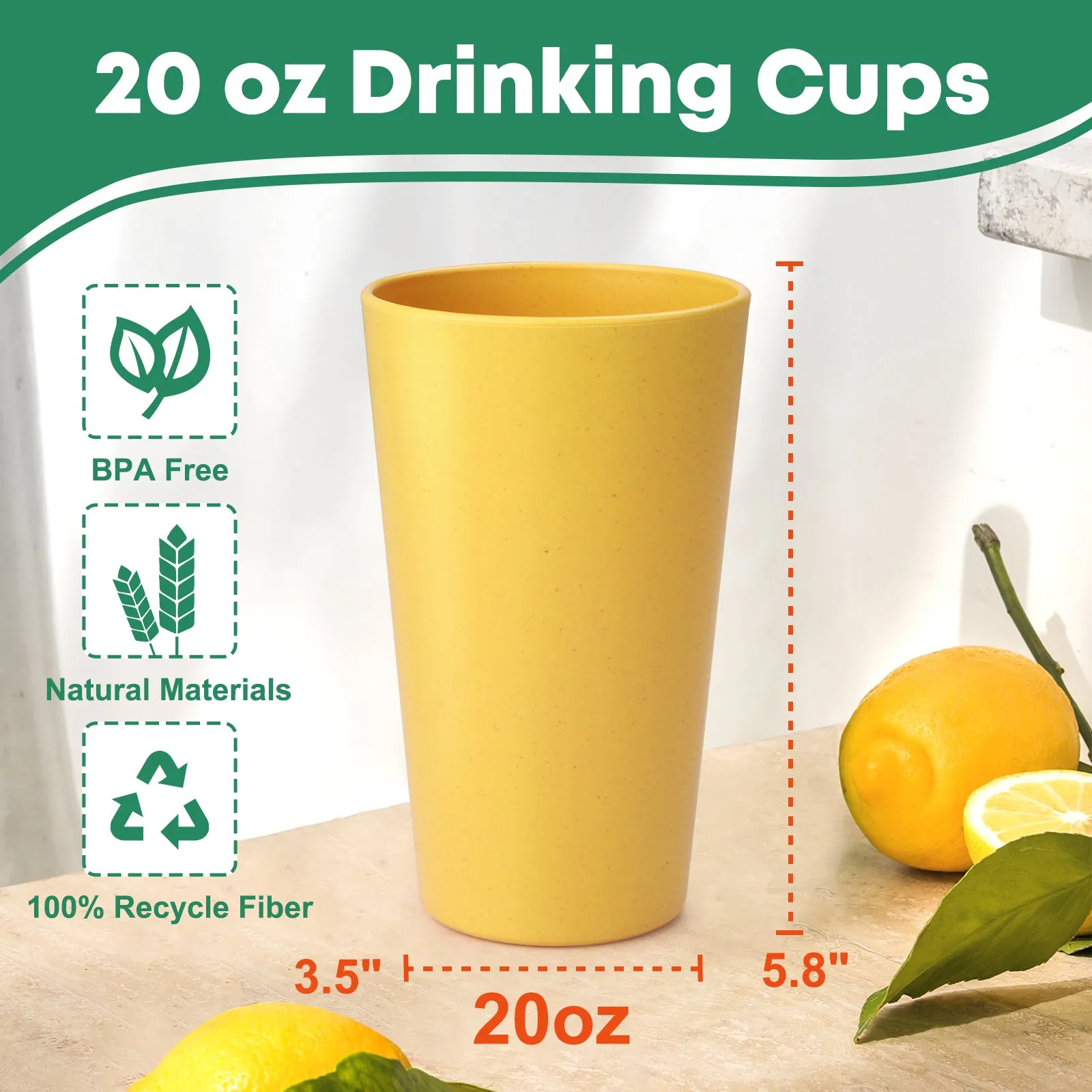 Wotolit Wheat Straw Cups Plastic Cups Unbreakable Drinking Cup Reusable Dishwasher Safe Water Glasses Colorful (20OZ 8PCS)