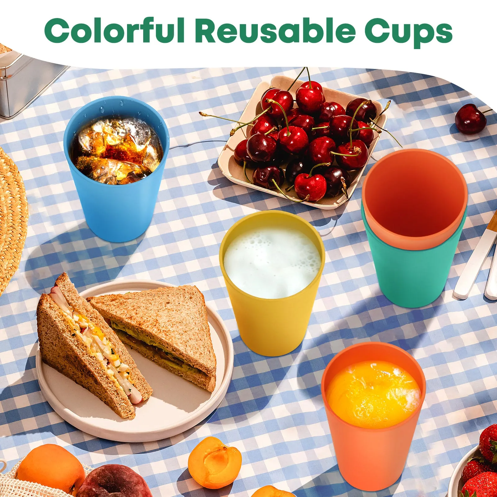 Wotolit Wheat Straw Cups Plastic Cups Unbreakable Drinking Cup Reusable Dishwasher Safe Water Glasses Colorful (20OZ 8PCS)