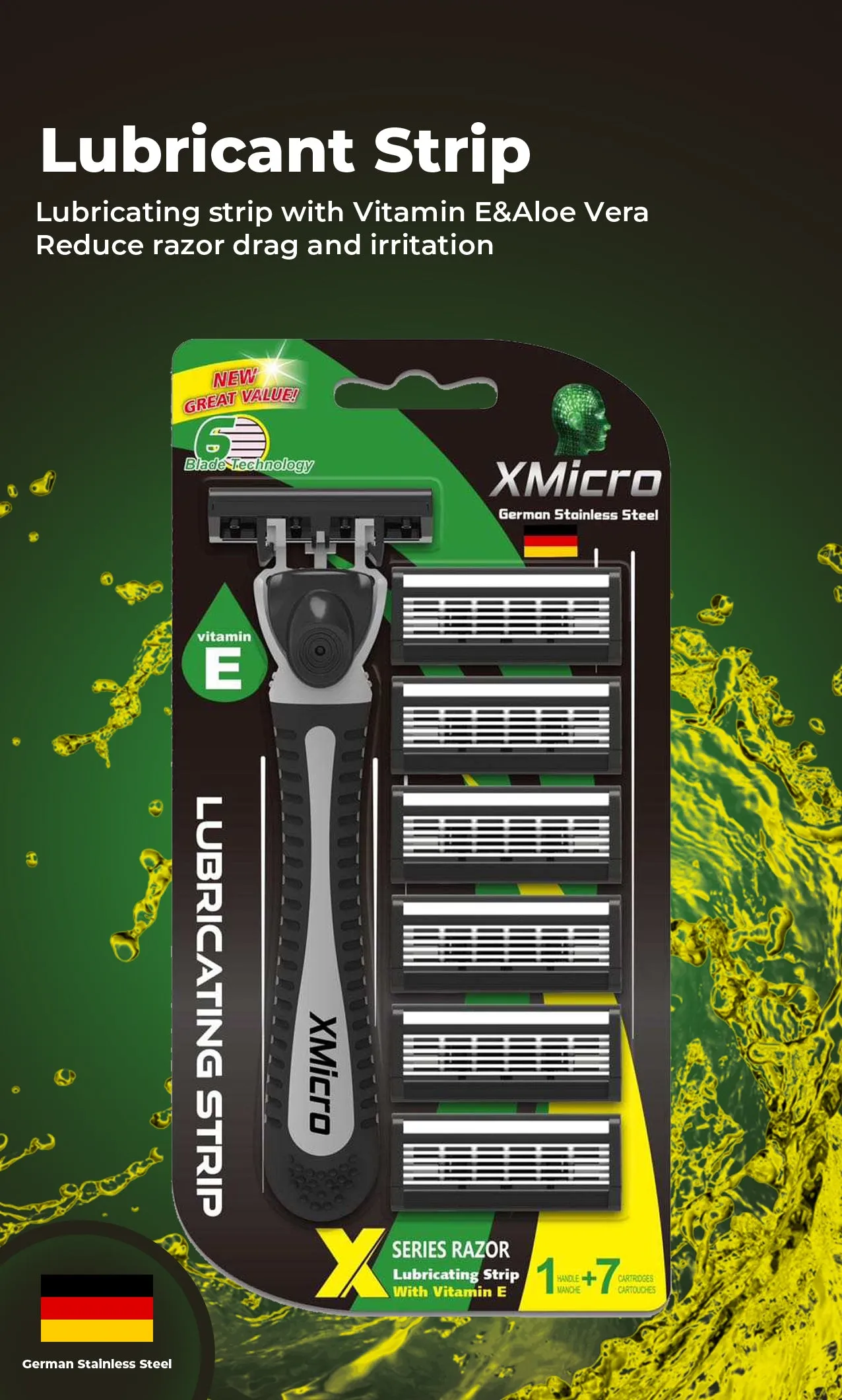 XMicro Razors For Men, 1 Razor, 7 Blade Refills With German Stainless Steel, Lubricated With Vitamin E For Smooth Shave, Shields Against Irritation, Version X