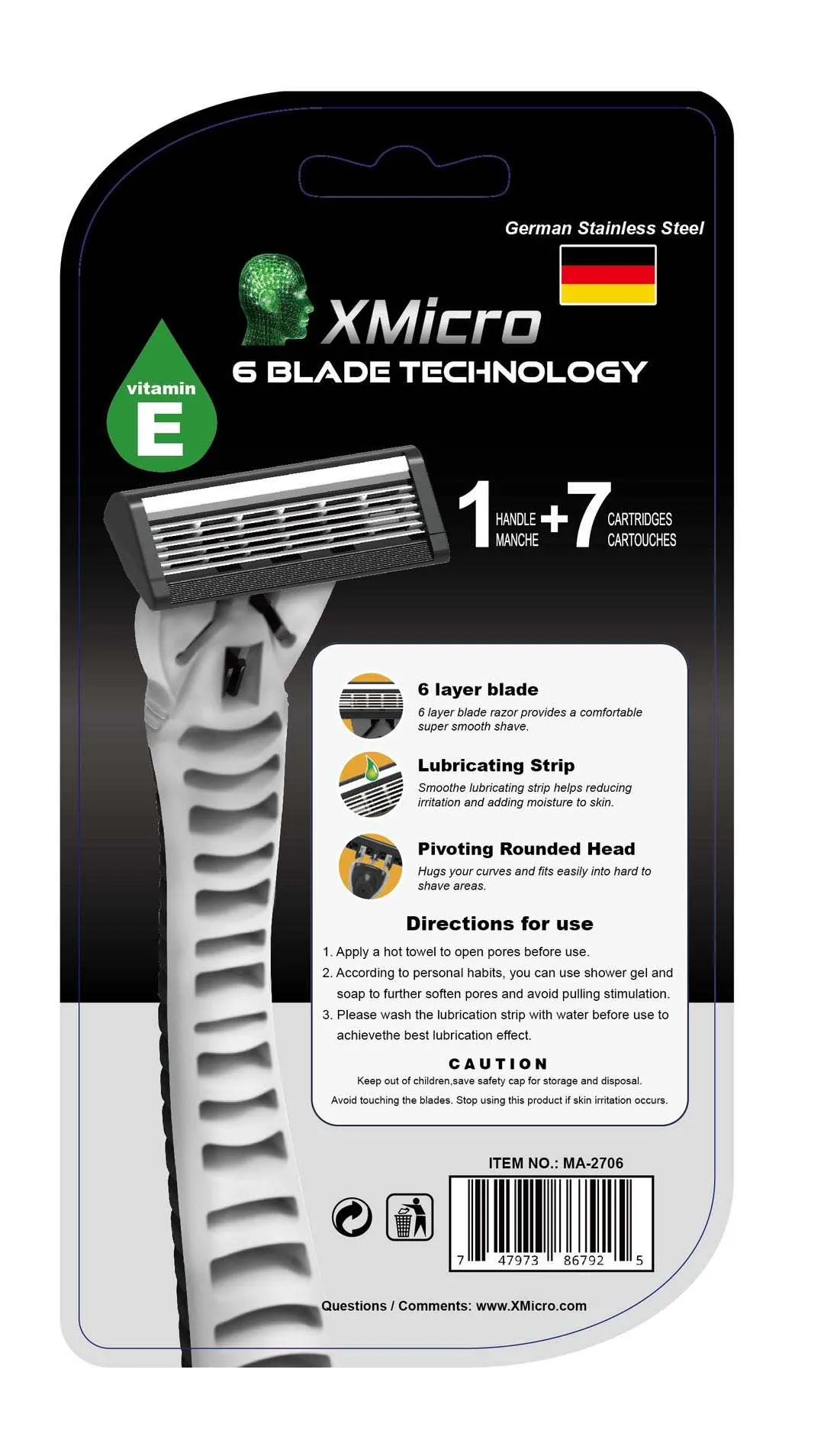 XMicro Razors For Men, 1 Razor, 7 Blade Refills With German Stainless Steel, Lubricated With Vitamin E For Smooth Shave, Shields Against Irritation, Version X