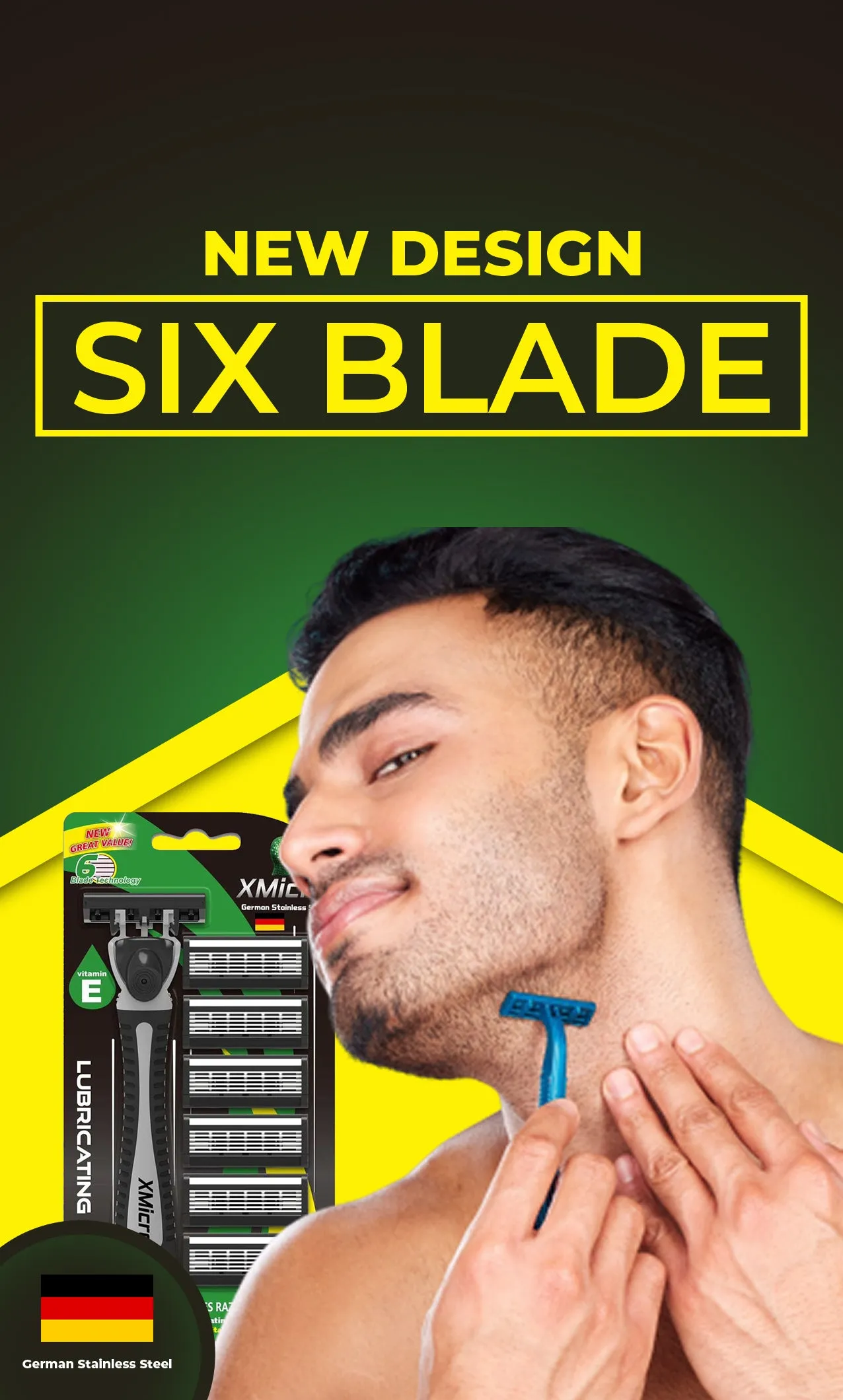 XMicro Razors For Men, 1 Razor, 7 Blade Refills With German Stainless Steel, Lubricated With Vitamin E For Smooth Shave, Shields Against Irritation, Version X