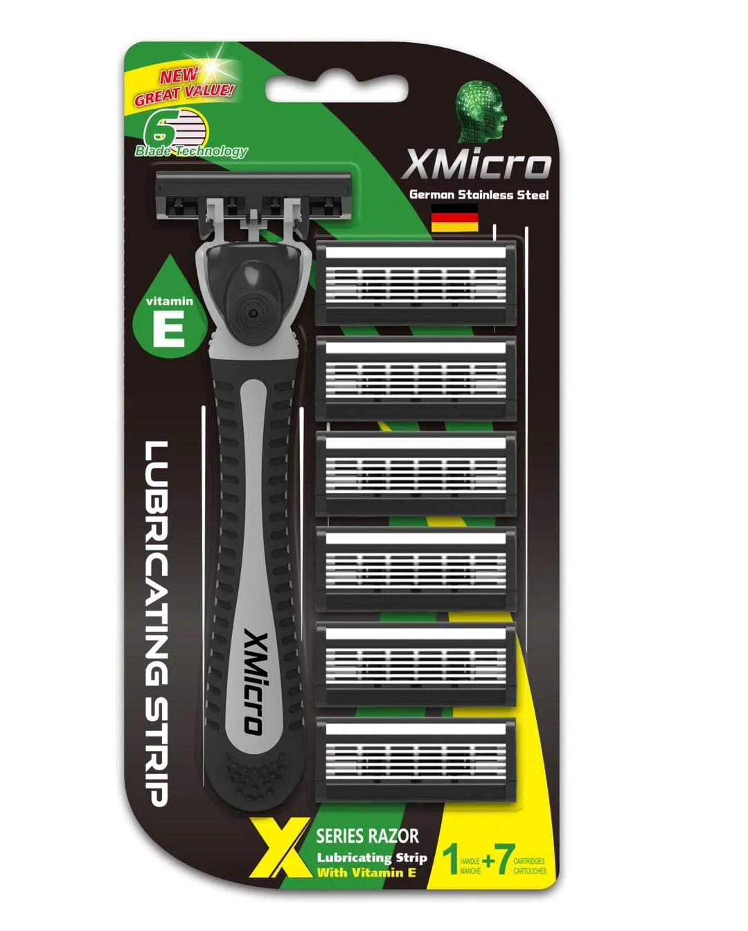 XMicro Razors For Men, 1 Razor, 7 Blade Refills With German Stainless Steel, Lubricated With Vitamin E For Smooth Shave, Shields Against Irritation, Version X