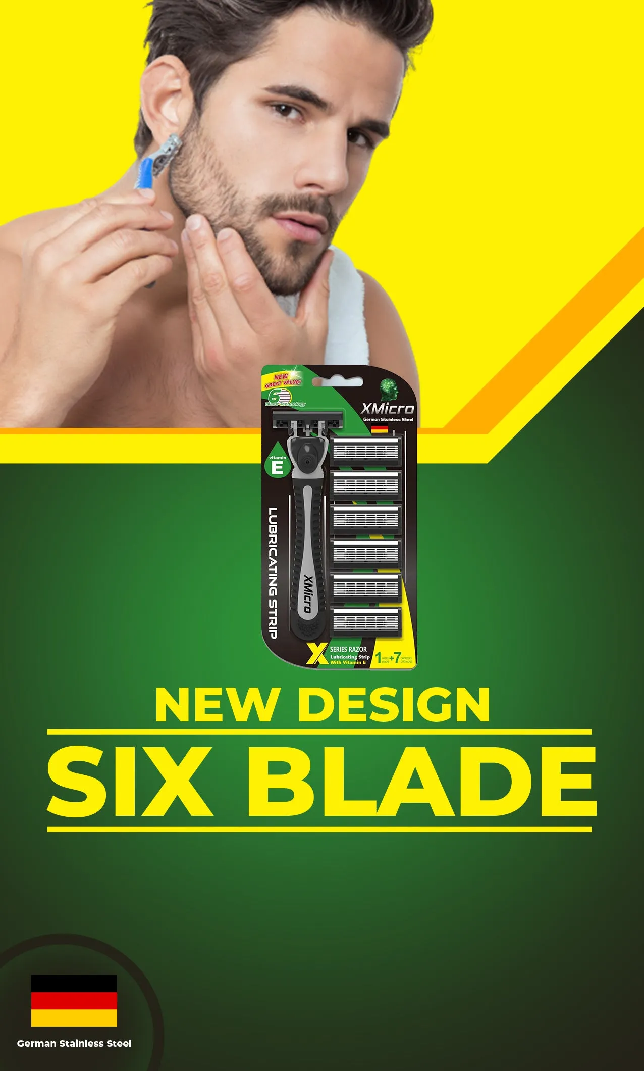 XMicro Razors For Men, 1 Razor, 7 Blade Refills With German Stainless Steel, Lubricated With Vitamin E For Smooth Shave, Shields Against Irritation, Version X
