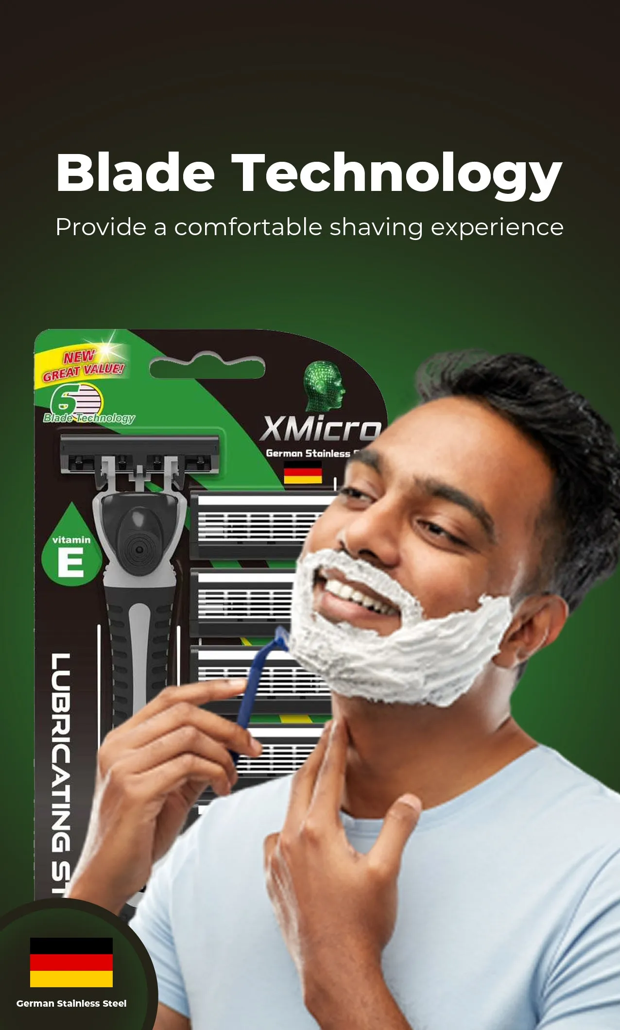 XMicro Razors For Men, 1 Razor, 7 Blade Refills With German Stainless Steel, Lubricated With Vitamin E For Smooth Shave, Shields Against Irritation, Version X